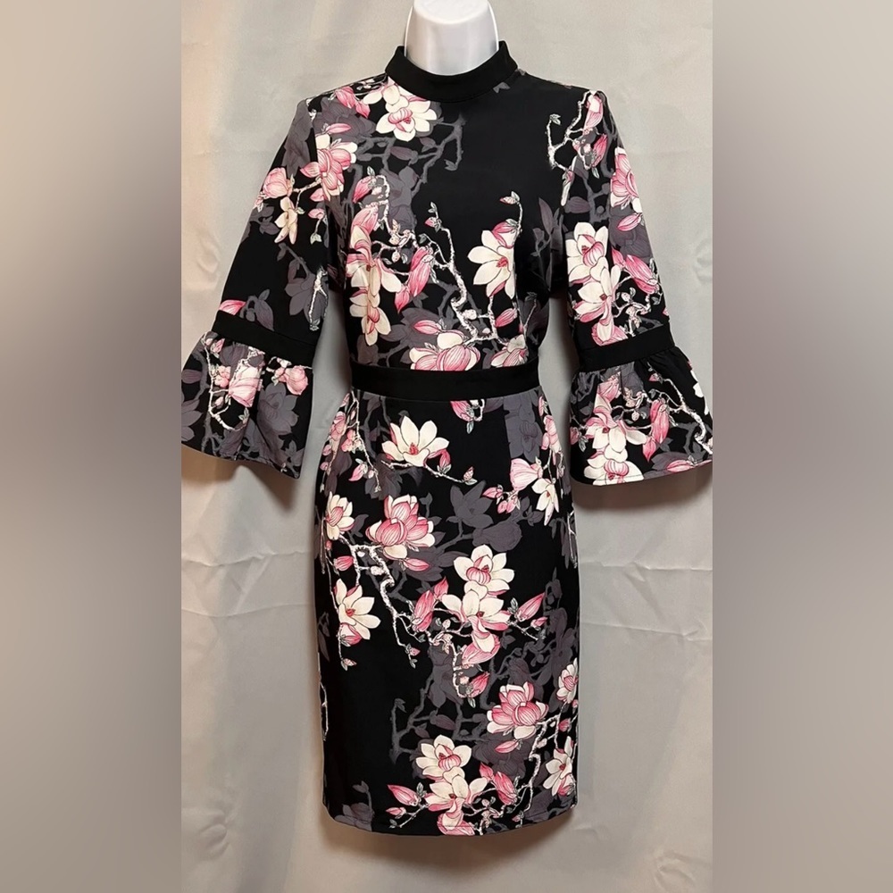 Paper Dolls High Neck 3/4 Sleeve Floral Print Dress Black Sz 6 (UK 10)‎